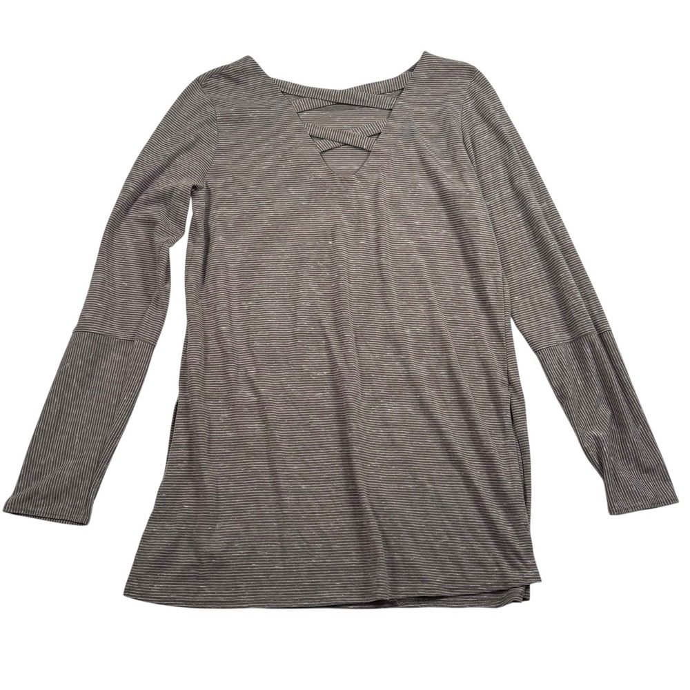 Prana Esme Top Womens Medium Gray Striped Long Sleeve Shirt Side Slits - Picture 2 of 7